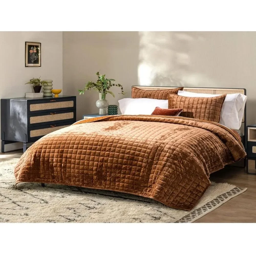 Rust Amber Velvet Queen Quilt Coverlet Set Luxury Bedding Comforter Shams NEW